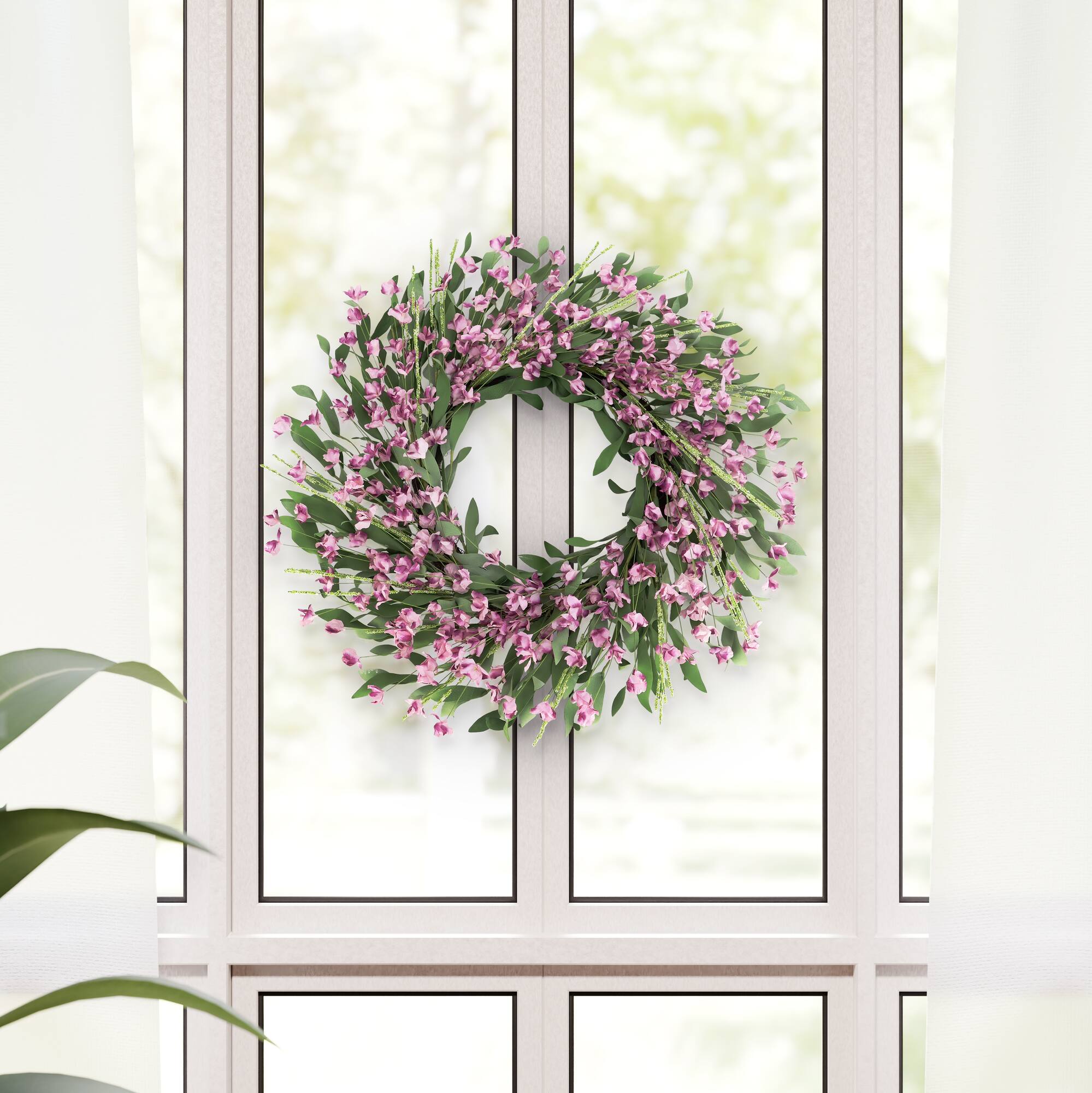 24" Artificial Pea Blossom Floral Pink Spring Wreath